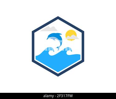 Forme hexagonale avec vague de plage et dauphin de saut Banque D'Images