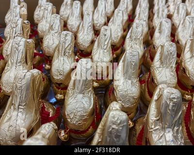 Viersen, Allemagne - 1er mars. 2021: Gros plan vue du dessus du groupe de nombreux lapins de pâques au chocolat doré lindt dans l'étagère du supermarché allemand Banque D'Images