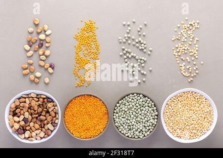 Différents types de légumineuses dans des bols et dispersées dans le fond, les pois verts et jaunes, les haricots bruns et les lentilles, vue du dessus Banque D'Images