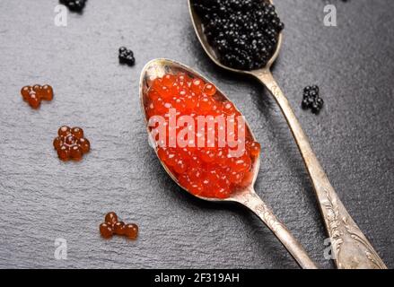 Caviar noir de paddlefish et caviar de saumon kéta rouge dans une cuillère, fond noir Banque D'Images