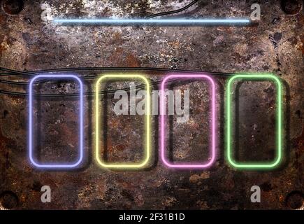 Cadres multicolores lumineux au néon suspendus sur fond brun rouille Banque D'Images