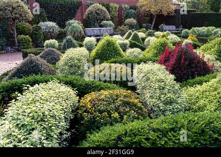 Parterre de jardin à nœud avec zone de couverture avec chemin de carrelage, un joli jardin clos et soigné avec banc de jardin siège Surrey UK Banque D'Images