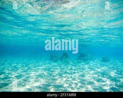 Vue sous-marine sur le fond de la mer de sable avec groupe de roches à distance dans les réflexions du faisceau de soleil dans l'eau claire de la mer Ionienne en Grèce. Plongée azur sauvage s Banque D'Images