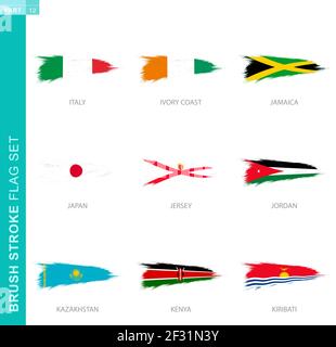 Ensemble de drapeaux vectorisés, neuf drapeaux de grunge : Italie, Côte d'Ivoire, Jamaïque, Japon, Jersey, Jordanie, Kazakhstan, Kenya, Kiribati Illustration de Vecteur