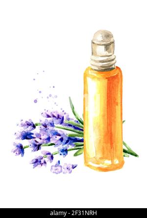 Huile essentielle Aroma avec rouleau et lavande. Collection de plantes apaisantes. Illustration aquarelle dessinée à la main isolée sur fond blanc Banque D'Images