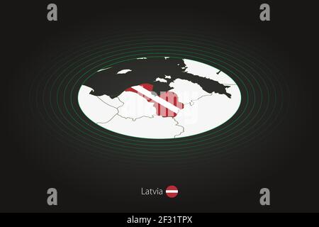 Carte de la Lettonie en couleur foncée, carte ovale avec les pays voisins. Carte vectorielle et drapeau de la Lettonie Illustration de Vecteur