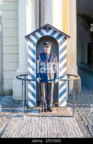 Prague, République tchèque, 22 mars 2019 : sentinelle au poste à l'entrée du château de Prague, République tchèque Banque D'Images