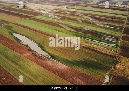 Vue aérienne des champs cultivés inondés de drone pov, vue en grand angle Banque D'Images