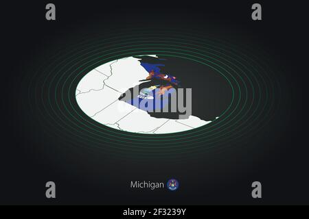 Carte du Michigan de couleur foncée, carte ovale avec États américains voisins. Carte vectorielle et drapeau de l'État américain Alabama. Illustration de Vecteur