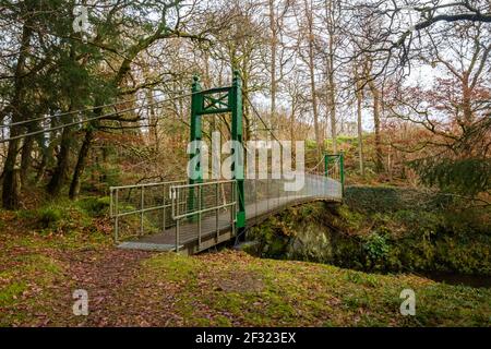 Pont suspendu vert dans une forêt au-dessus d'une gorge profonde et d'une rivière à la station d'alimentation de Kendoon, Dundeugh, Écosse Banque D'Images