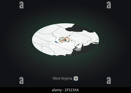 Carte de la Virginie-Occidentale en couleur foncée, carte ovale avec États américains voisins. Carte vectorielle et drapeau de l'État américain de Virginie-Occidentale Illustration de Vecteur