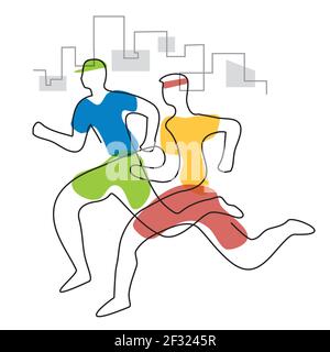 Jogging en ville, coureurs de marathon. Illustration de canaux avec dessin de ligne continue. Vecteur disponible. Vecteur disponible. Illustration de Vecteur