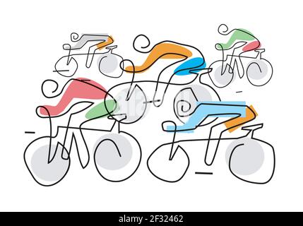 Course cycliste, art stylisé. Illustration stylisée avec dessin en ligne continue avec cinq coureurs de vélo.Vector disponible. Illustration de Vecteur