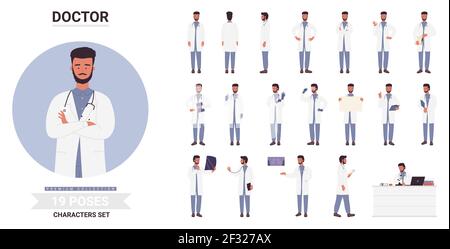 Homme médecin pose set, barbu travailleur médical avec stéthoscope pose, travaillant à l'hôpital Illustration de Vecteur