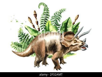 Triceratops dinosaure avec plantes préhistoriques. Illustration aquarelle dessinée à la main, isolée sur fond blanc Banque D'Images