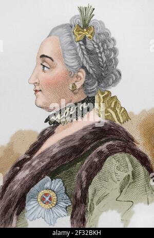 Catherine la Grande ou Catherine II (1729-1796). Impératrice de Rusia de 1762 à 1796. Portrait. Gravure par Lemaitre, Vernier et Lesueur. Histoire de la Russie par Jean Marie Chopin (1796-1870). Panorama Universal, édition espagnole, 1839. Coloration ultérieure. Banque D'Images