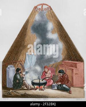 Les Kalmyks. Mongol sous-groupe en Russie. Vue intérieure d'une yourte de Kalmyk, appelée gher. Maison ronde, portable, structure autoporteuse composée de murs en treillis, chevrons, anneau de toit, feutres et bandes de tension. Gravure par Lemaitre, Vernier et Chaillot. Histoire de la Russie par Jean Marie Chopin (1796-1870). Panorama Universal, édition espagnole, 1839. Coloration ultérieure. Banque D'Images