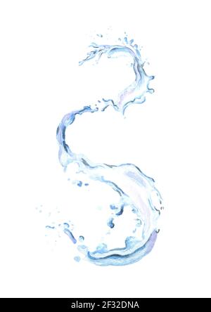 Spirale d'eau avec éclaboussures isolées sur fond blanc. Illustration aquarelle dessinée à la main Banque D'Images