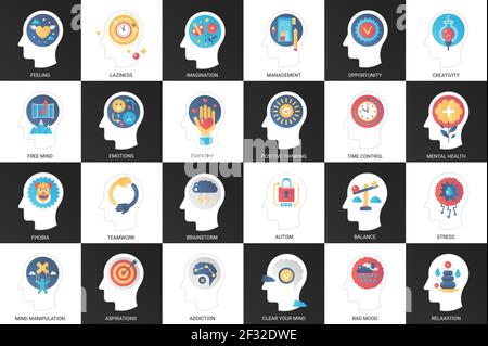 Santé mentale mauvaise pensée du cerveau humain, échiquier créatif avec des têtes abstraites Illustration de Vecteur