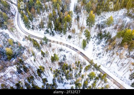 Image de drone, hiver dans la forêt souabe, forêt mixte, Bade-Wurtemberg, Allemagne Banque D'Images