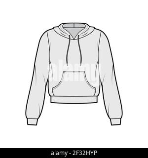 Sweat-shirt sweat-shirt sweat-shirt d'illustration technique de la mode avec manches longues, corps relax, poche kangourou, ourlet à bande, cordon. Modèle de vêtement plat sur le devant, couleur grise. Femmes, hommes, maquette de CAD unisex Illustration de Vecteur