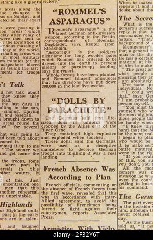 Premières informations sur les débarquements du jour J, en regardant « Dolls by parachute » et Rommel's Asparagus, Evening Standard Newspaper (réplique) le 6 juin 1944. Banque D'Images