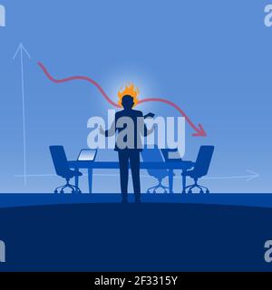 homme d'affaires en colère avec un feu sur sa tête dans la salle de réunion et graphique vers le bas à l'arrière-plan illustration vectorielle avec un arrière-plan de gradient d'ombre .... Illustration de Vecteur