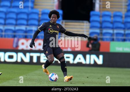 Cardiff, Royaume-Uni. 13 mars 2021. Carlos Sanchez de Watford en action. Match de championnat EFL Skybet, Cardiff City et Watford au Cardiff City Stadium de Cardiff, pays de Galles, le samedi 13 mars 2021. Cette image ne peut être utilisée qu'à des fins éditoriales. Utilisation éditoriale uniquement, licence requise pour une utilisation commerciale. Aucune utilisation dans les Paris, les jeux ou les publications d'un seul club/ligue/joueur. photo par Andrew Orchard/Andrew Orchard sports Photography/Alamy Live News crédit: Andrew Orchard sports Photography/Alamy Live News Banque D'Images