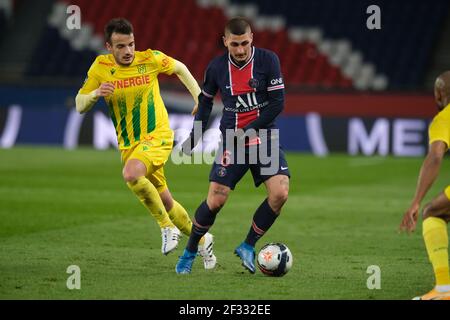 Paris, France. 15 mars 2021. Paris SG Midfield MARCO VERRATTI en action pendant le championnat français de football, Ligue 1 Uber Eats, entre Paris Saint Germain et FC Nantes au Parc des Princes Stadium - Paris France.le FC Nantes a gagné 2:1 crédit: Pierre Stevenin/ZUMA Wire/Alay Live News Banque D'Images