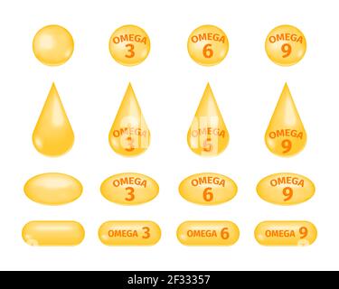 Acides gras oméga 3, 6 et 9. Gouttes d'or et pilules d'huile de poisson ensemble. Icônes de graisses polyinsaturées isolées sur fond blanc. Illustration vectorielle réaliste. Illustration de Vecteur