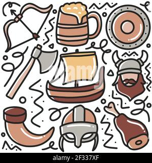 ensemble d'outils pour les éléments viking à la main doodle Illustration de Vecteur