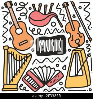 ensemble d'instruments de musique dessinés à la main Illustration de Vecteur