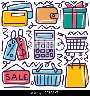 ensemble de vente de doodle tiré à la main et de shopping à prix réduit Illustration de Vecteur