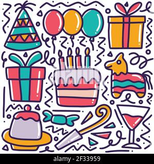 ensemble de doodle de fête d'anniversaire dessinées à la main Illustration de Vecteur