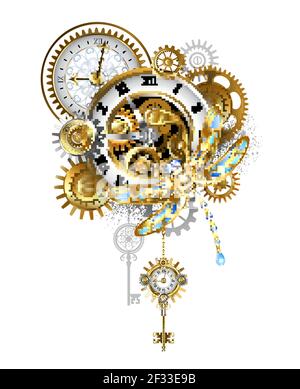 Libellule steampunk mécanique avec ailes bleues et horloge ancienne dorée, engrenages dorés sur fond blanc. Style steampunk. Illustration de Vecteur