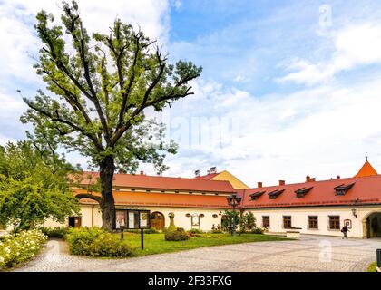 Zywiec, Pologne - 30 août 2020 : cour principale du château de Zywiec avec puits emblématique dans le parc historique de la vieille ville dans la région de Silésie Banque D'Images
