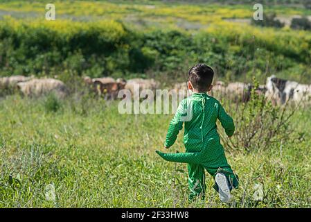 Costume de carnaval habillé pour enfants dans la prairie. Purim, Halloween, fête d'anniversaire en plein air. Mise au point douce pour montrer le mouvement. Banque D'Images