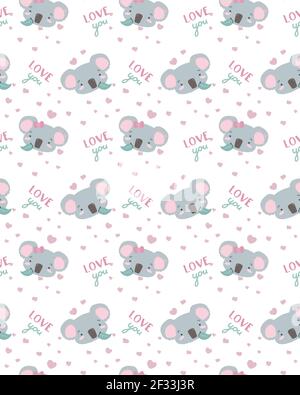 Motif sans couture avec jolis koala ours. Arrière-plan vecteur animal. Un joli thème de koala pour les enfants. Papier peint motif textile Saint Valentin. Inscription lettrage Love You. Gris et rose Illustration de Vecteur