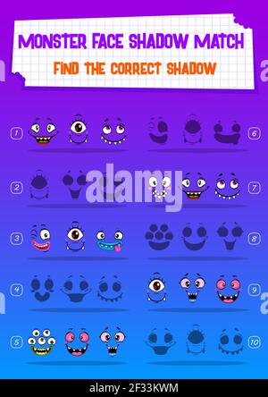 Jeu pour enfants vecteur énigme ombre match de dessin animé monstres visages, trouver la bonne silhouette de museau sur la carte. Tâche éducative, école logique des enfants ou pré Illustration de Vecteur
