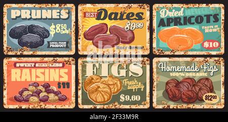 Fruits secs ferme dessert produits assiettes en métal rouillé. Pruneaux secs, dattes et abricots, raisins secs, figues maison dessinées à la main vecteur. Ferme fruitière locale, orga Illustration de Vecteur