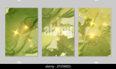 Ensemble en marbre de fonds vert clair et or avec texture. Motif Geode avec paillettes. Backdrops vectoriels abstraits dans la technique de l'encre d'alcool d'art liquide. Illustration de Vecteur