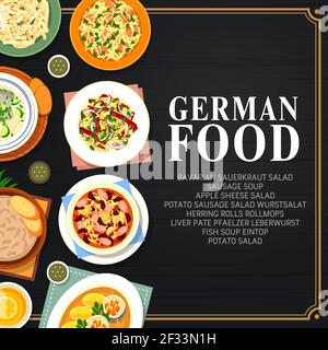 Cuisine allemande, plats traditionnels allemands et menu de repas nationaux, Vector. Cuisine allemande et restaurant, salade bavaroise à la choucroute, Illustration de Vecteur