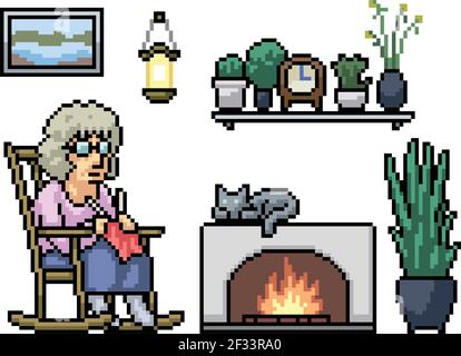 pixel art de grand-mère tricot détente Illustration de Vecteur