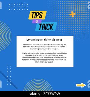 Fond carré bleu jaune conseils rapides, pointe, astuce avec conception géométrique. Adapté au modèle de mise en page du didacticiel sur les réseaux sociaux. Illustration de Vecteur