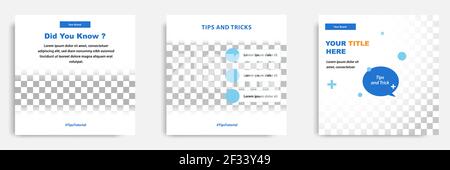 Didacticiel sur les réseaux sociaux, astuce, astuce, conseils rapides, modèle de mise en page avec fond géométrique de couleur bleue, blanche et jaune. Illustration vectorielle Illustration de Vecteur