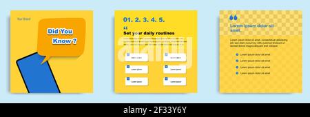 Didacticiel sur les réseaux sociaux, astuce, astuce, conseils rapides, modèle de mise en page avec fond géométrique de couleur bleue, blanche et jaune. Illustration vectorielle Illustration de Vecteur