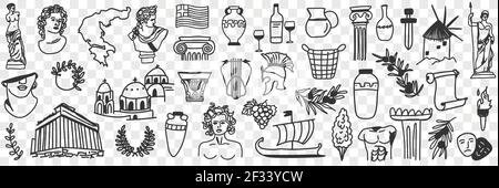 Symboles de la culture ancienne ensemble de doodle. Collection de sculptures grecques dessinées à la main bâtiments arch dieux navires instruments de musique masques pour le théâtre des temps historiques sur fond transparent Illustration de Vecteur