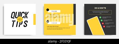 Didacticiel sur les réseaux sociaux, astuce, astuce, conseils rapides, modèle de mise en page avec fond géométrique de couleur bleue, blanche et jaune. Illustration vectorielle Illustration de Vecteur