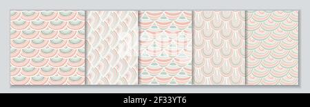 Ensemble de 5 motifs traditionnels sans couture, roses et blancs, avec écusson à vagues japonaises. Motifs géométriques de répétition de caniche minimale Illustration de Vecteur