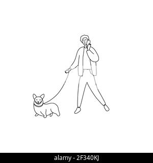 Un homme heureux parle au téléphone et marche le chien. Joli gars tient le téléphone et dirige le chien sur la laisse. Un homme marchant avec un animal de compagnie. Un jeune homme est en train de discuter au téléphone. Parler Illustration de Vecteur